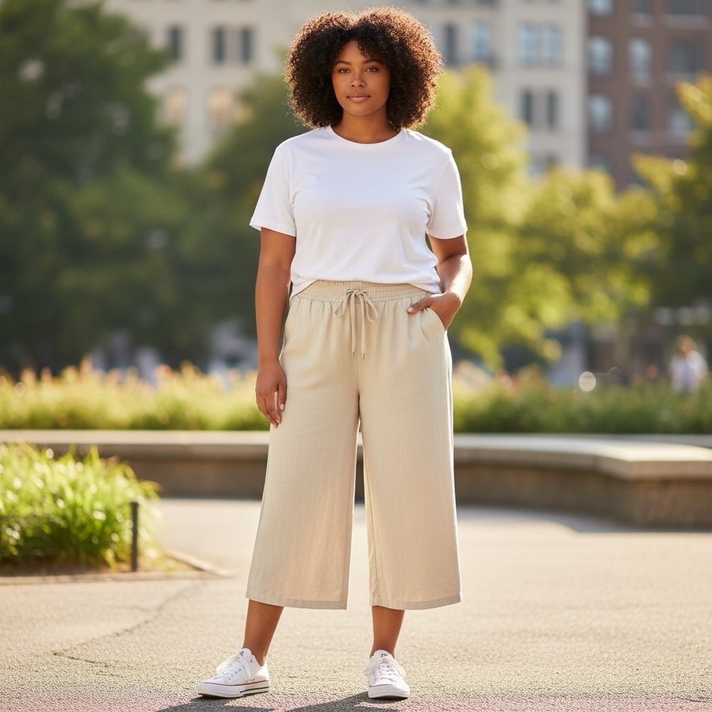 Land N Sea Womens L Linen & Rayon Blend Wide‎ Leg Capri Pants Drawstring Pull On